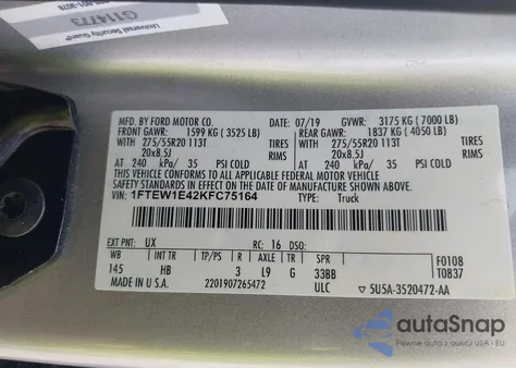 2019 Ford F-150 Lariat from USA, damaged, VIN 1FTEW1E42KFC75164